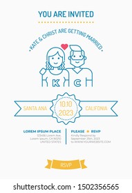 Wedding Invitation Card Template with cute bride and groom line avatar illustration