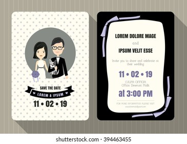 Plantilla de tarjeta de invitación de boda con lindo novio y novia de dibujos animados