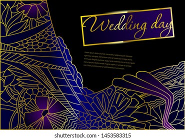 Wedding invitation card template. Dark background and golden line floral drawing on.