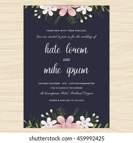 Plantilla de tarjeta de invitación de boda decorada con flor floral de flores en el fondo. Ilustración vectorial.