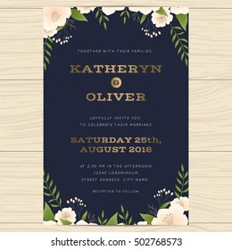 Wedding invitation card template decorate with flower floral in golden and navy blue color. Vector illustration.