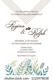 Wedding invitation. Card, template for the invitation. Delicate background of lines and flowers. Leaves, twigs, herbs.