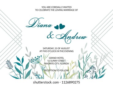 Wedding invitation. Card, template for the invitation. Delicate background of lines and flowers. Leaves, twigs, herbs.