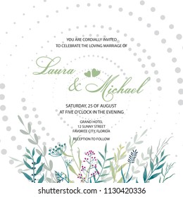 Wedding invitation. Card, template for the invitation. Delicate background of dot and flowers. Leaves, twigs, herbs.