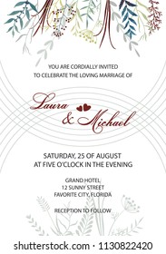 Wedding invitation. Card, template for the invitation. Delicate background of lines and flowers. Leaves, twigs, herbs.