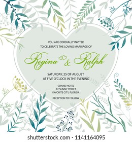 Wedding invitation. Card, template for the invitation. Delicate background of flowers, leaves, twigs, herbs.