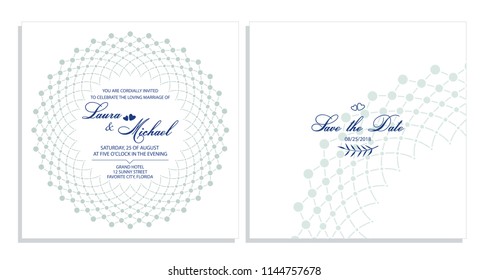 Wedding invitation. Card, template for the invitation. Delicate background of dots and lines. Decorative rosette, vector ornament.