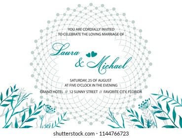 Wedding invitation. Card, template for the invitation. Delicate background, decorative rosette, vector ornament. Leaves, twigs, herbs.