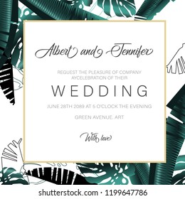 Wedding Invitation card template design, dark green tropical palm leaf leaves with square frame on white background. Vector EPS10