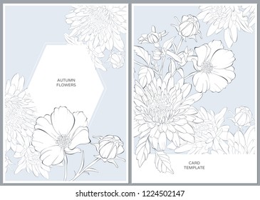 Wedding invitation card template design, dahlia flowers and leaves, vintage style. Card for Mother's Day.