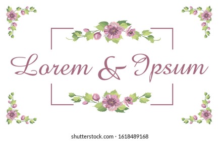 Wedding invitation card template design, pink and purple flowers and leaves with purple frame on white background, vintage style. Editable vector.