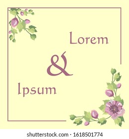 Wedding invitation card template design, pink and purple flowers and leaves with purple frame on pink background, vintage style. Editable vector.