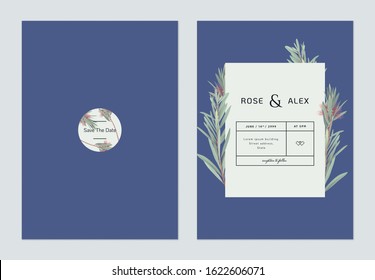 Wedding invitation card template design, bottle brush branches on blue