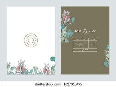 Wedding invitation card template design, bottle brush branches on white and brown