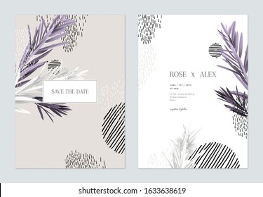 Wedding invitation card template design, purple bottle brush branches with hand drawn graphics