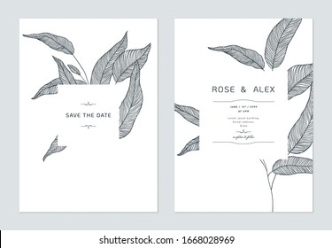 Wedding invitation card template design, eucalyptus leaves line art ink drawing on white