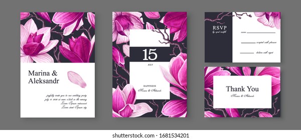 Hochzeitsvorlagendesign, rosafarbene magnolische Blumen, Blüten und Äste. Template-Design mit sehr detaillierten, Vektorillustration, realistischen, Frühlingsblumen. Sammlung von Datum und RSVP speichern.