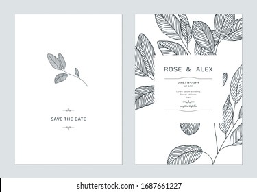 Wedding Invitation Card Template Design, Eucalyptus Leaves Line Art Ink Drawing On White