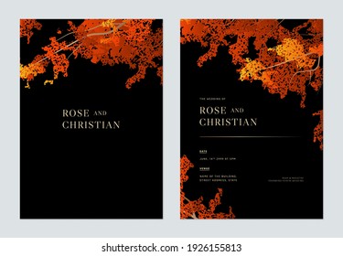 Wedding invitation card template design, colorful autumn leaves on black