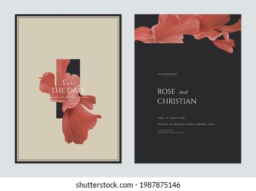 Wedding Invitation Card Template Design, Abstract Shapes In Red On Dark Grey