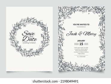 Wedding invitation card template design. Hand drawn flowers with white and black berry and leaf. Vector elegant rustic template