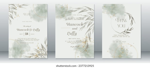 Wedding invitation card template design nature green leaf with gold texture and watercolor background