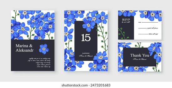 Wedding invitation card template design, blue forget-me-not flowers. Template design with high detail, vector, realistic, spring flowers. Save the Date and RSVP Collection.