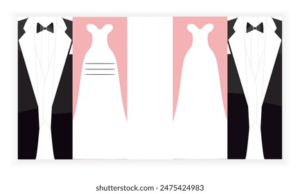 Wedding invitation card template design. Wedding invitation in the shape of a wedding dress and tuxedo. Vector backgrounds for wedding invitations, greeting cards, social media stories, label. Eps 10