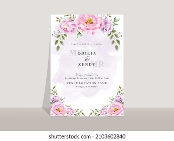 Wedding invitation card template with elegant flowers and leaves watercolor