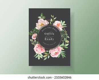Wedding invitation card template with elegant flowers and leaves watercolor