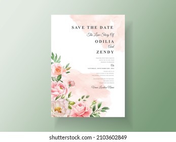 Plantilla de tarjeta de invitación de boda con flores elegantes y hojas color agua