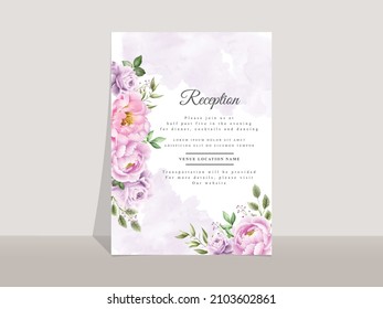 Wedding invitation card template with elegant flowers and leaves watercolor