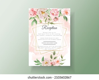 Wedding invitation card template with elegant flowers and leaves watercolor