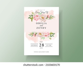 Wedding invitation card template with elegant flowers and leaves watercolor