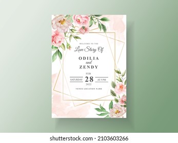 Wedding invitation card template with elegant flowers and leaves watercolor