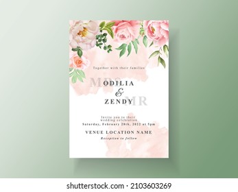 Wedding invitation card template with elegant flowers and leaves watercolor