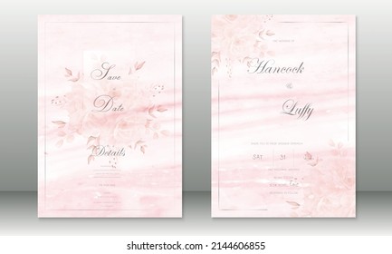 Plantilla de tarjeta de invitación de boda elegante de fondo rosa con textura de color de agua y ramo de rosa