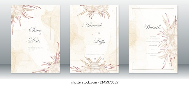 Wedding invitation card template elegant with gold frame and rose bouquet 