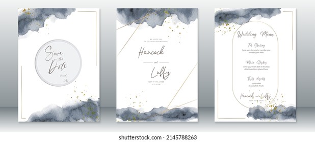 Wedding invitation card template elegant with blue watercolor texture and golden frame