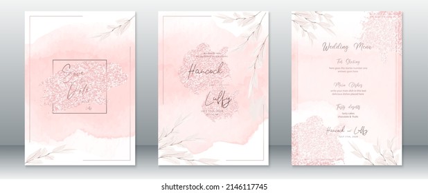 Plantilla de tarjeta de invitación de boda elegante de fondo color de agua rosa y bifurcación hoja