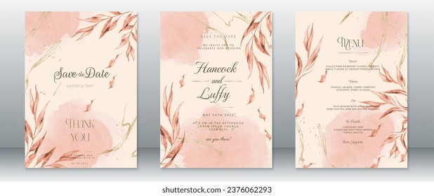 Plantilla de tarjeta de invitación de boda elegante de diseño de hoja de naturaleza rosa con textura dorada y fondo de color de agua