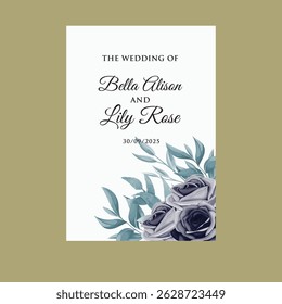 Wedding invitation card template with elegant blue leaves decoration