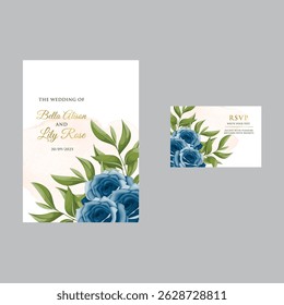 .Wedding invitation card template with elegant blue leaves decoration