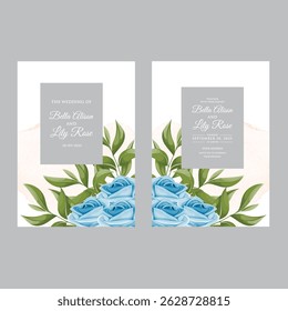 .Wedding invitation card template with elegant blue leaves decoration