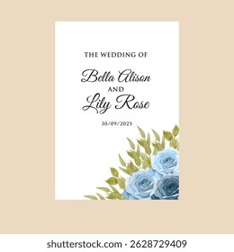 Plantilla de la tarjeta de la invitación de .Boda con la decoración azul elegante de las hojas