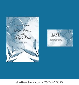 Wedding invitation card template with elegant blue leaves decoration 