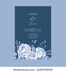 Wedding invitation card template with elegant blue leaves decoration 