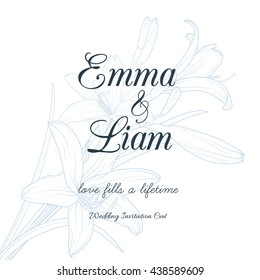 Wedding invitation card template with elegant white lily flowers semi-transparent background. Shades of blue and indigo detailed outline and text.