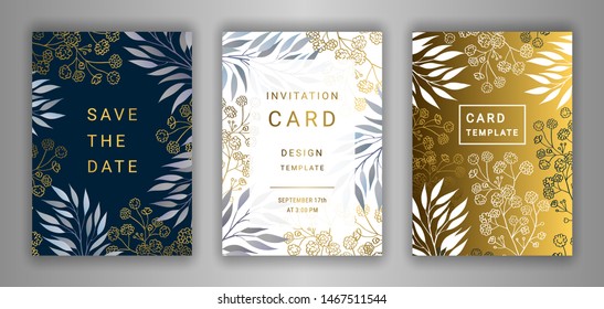 Wedding invitation card template EPS 10 vector set. Elegant eucalyptus branches, leaves, gypsophila flower background. Save the date phrase. Black, white, gold decor.