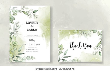 wedding invitation card template with eucalyptus leaves watercolor